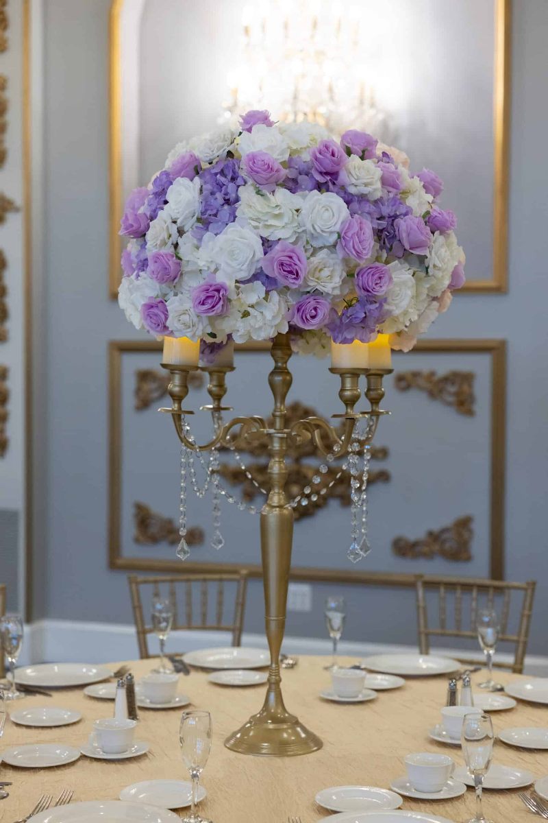 White Hydrangea and White and Lavender roses on Gold Candelabra