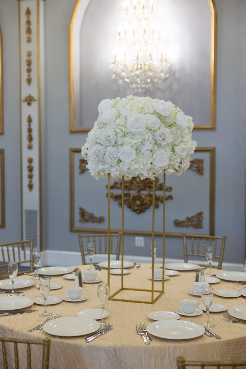 White Hydrangea and Rose on Gold Harlow Stand