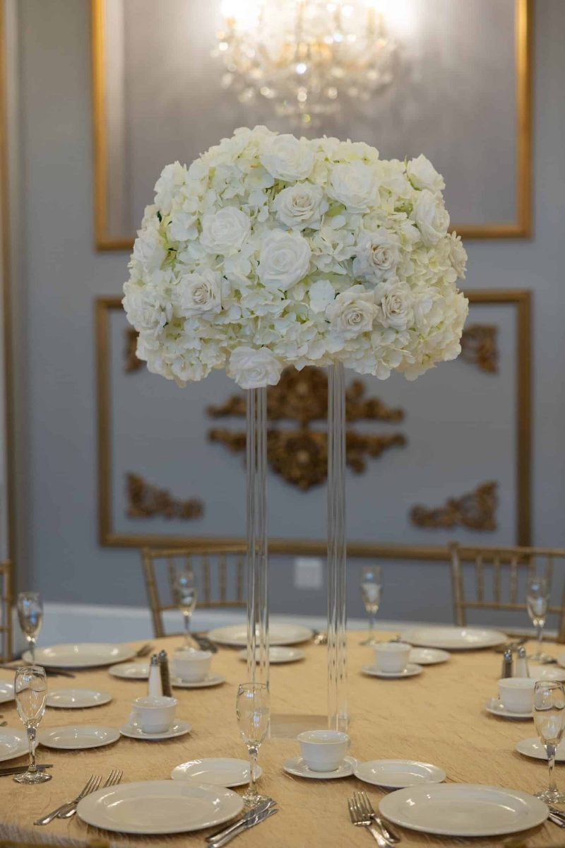 White Hydrangea and Rose on Clear Harlow Stand