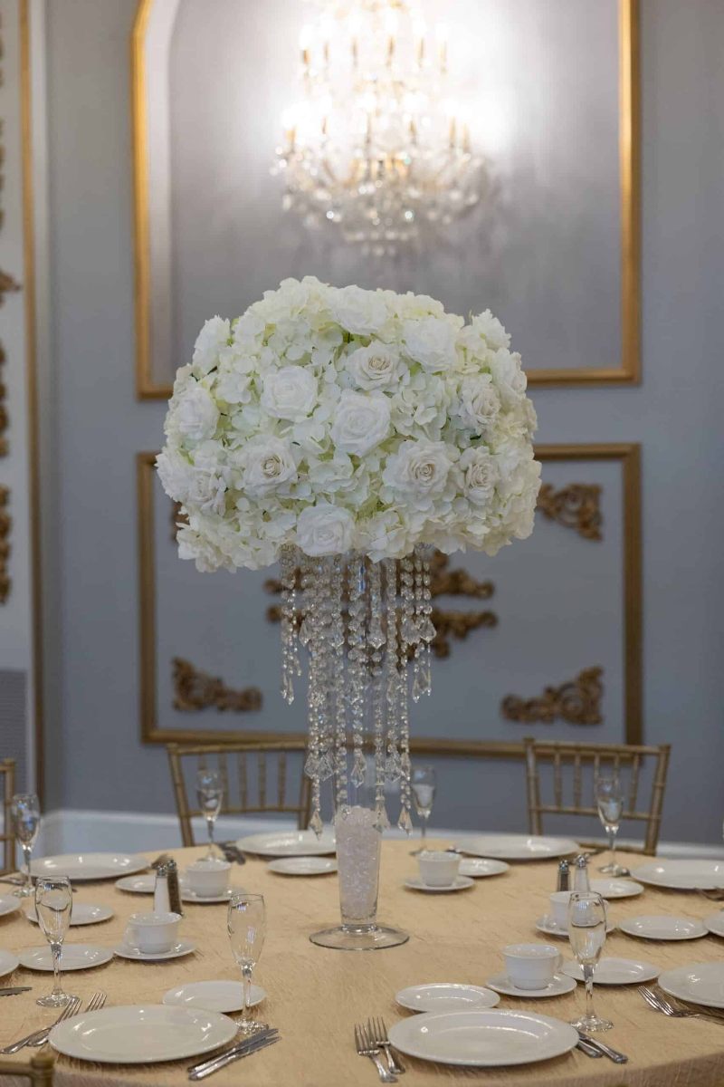 White Hydrangea and Rose on Pilsner Vase with Princess Chandelier