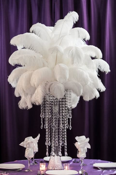 Ostrich Feather Centerpiece Rental on Princess Chandelier and Trunk Vase