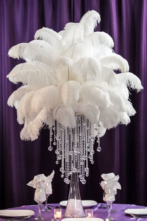 Ostrich Feather Centerpiece Rental on Balldrop Chandelier and Trunk Vase