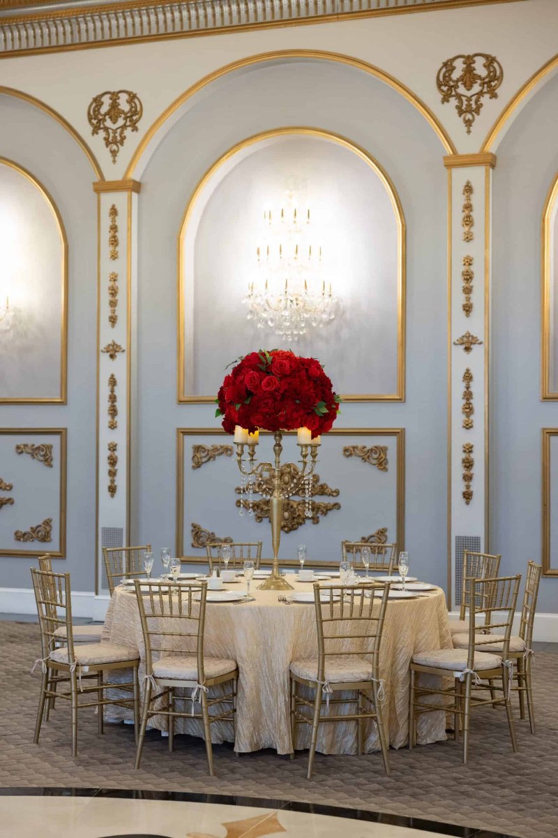 Red Hydrangea and Rose on Gold Candelabra