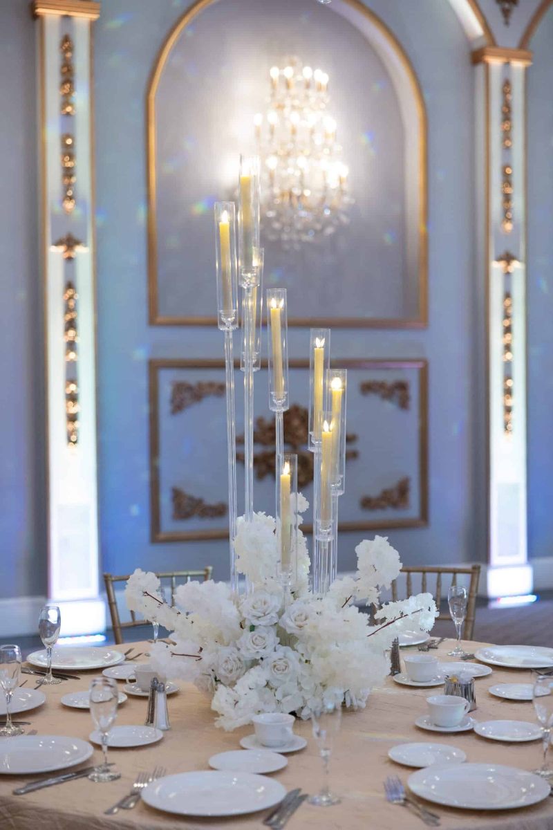 Ghost Spiral Candelabra with Hydrangea, Rose and Cherry Blossom Cluster