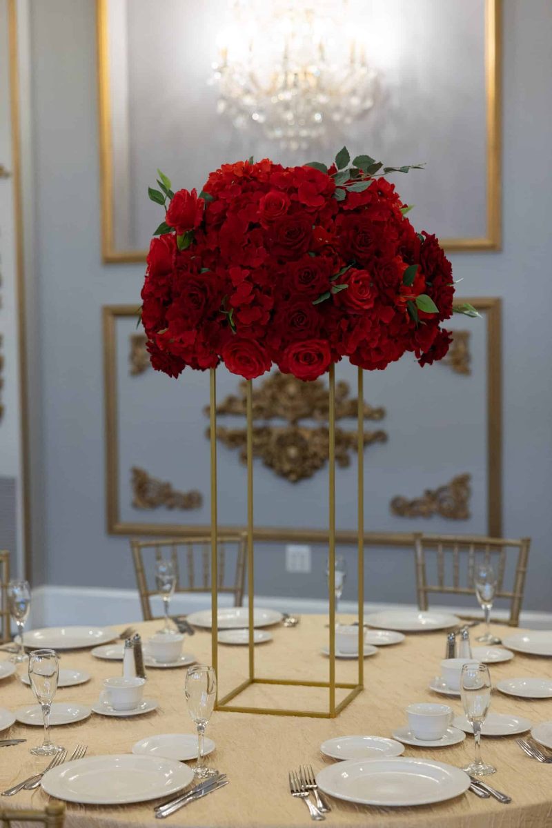 Red Hydrangea and Rose on Gold Harlow Stand