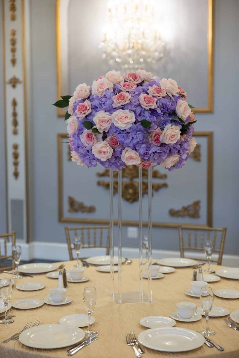 Lavender Hydrangea and Rose with Blush and Greenery on Clear Harlow Stand