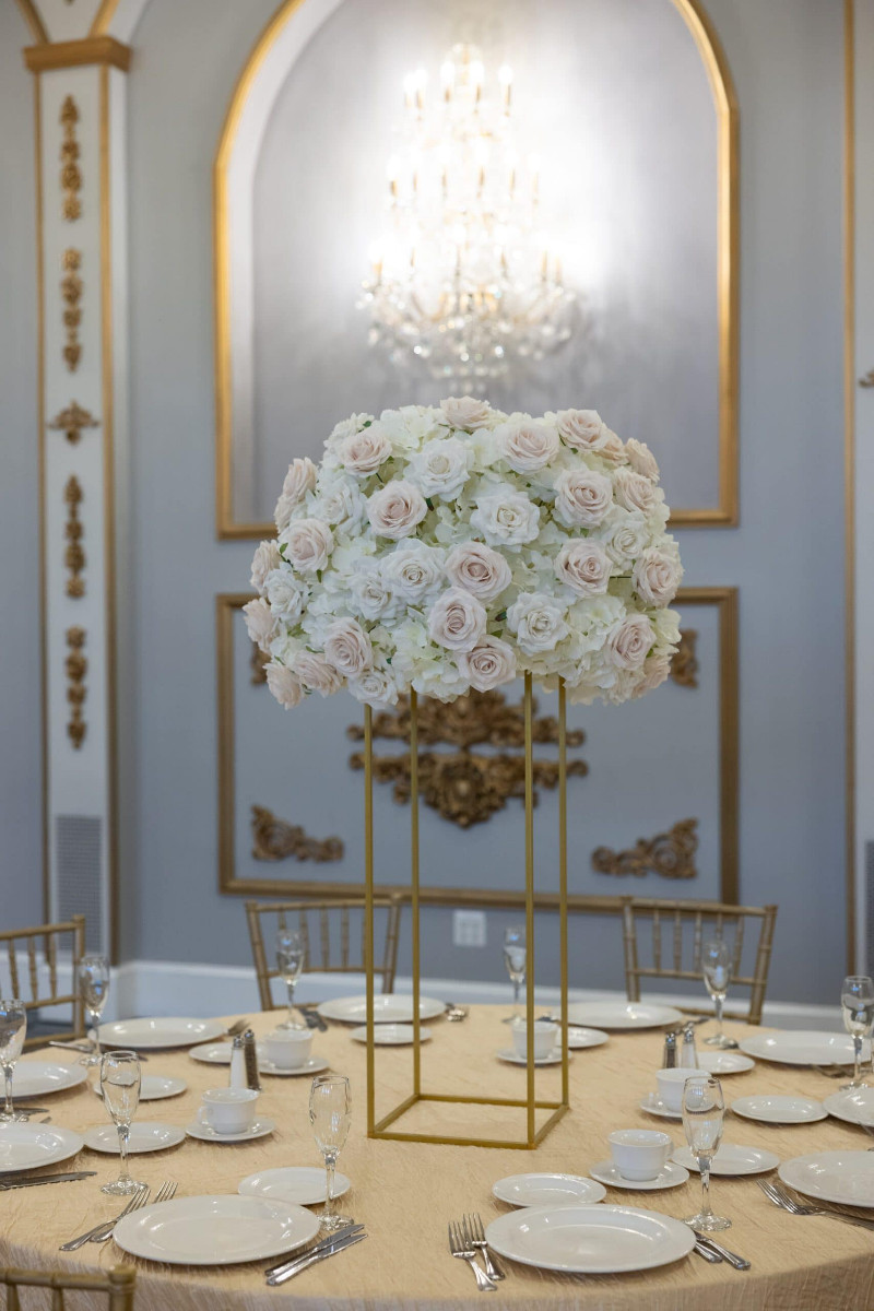 White Hydrangea and Roses with Beige accents on Gold Harlow Stand