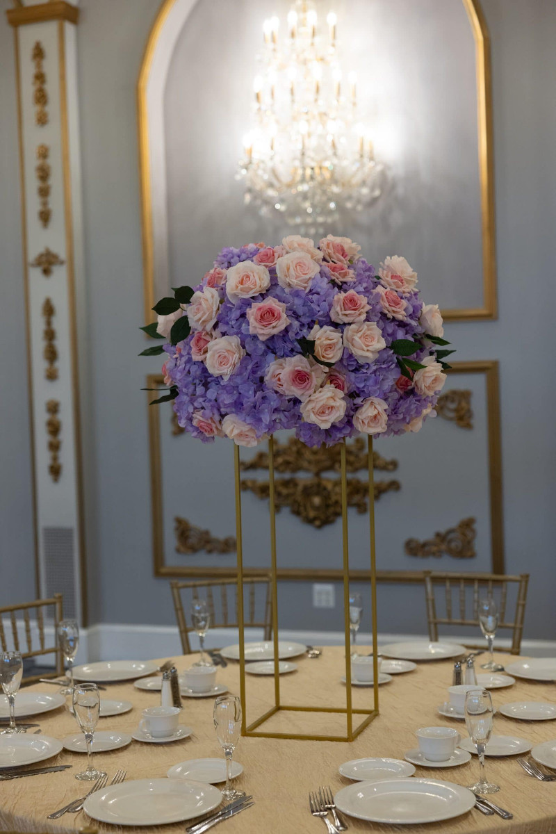 Lavender Hydrangea and Pink Roses on Gold Harlow Stand