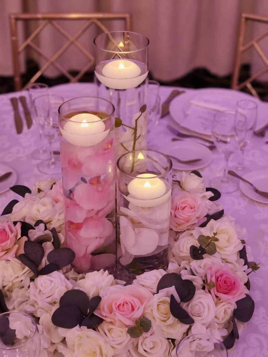 Romance with white and pink orchids and white, pink and greenery wreath