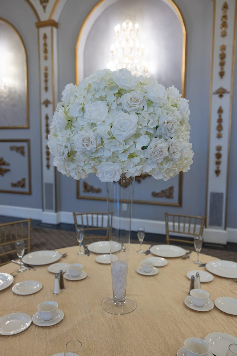 White Hydrangea and Rose on Pilsner Vase