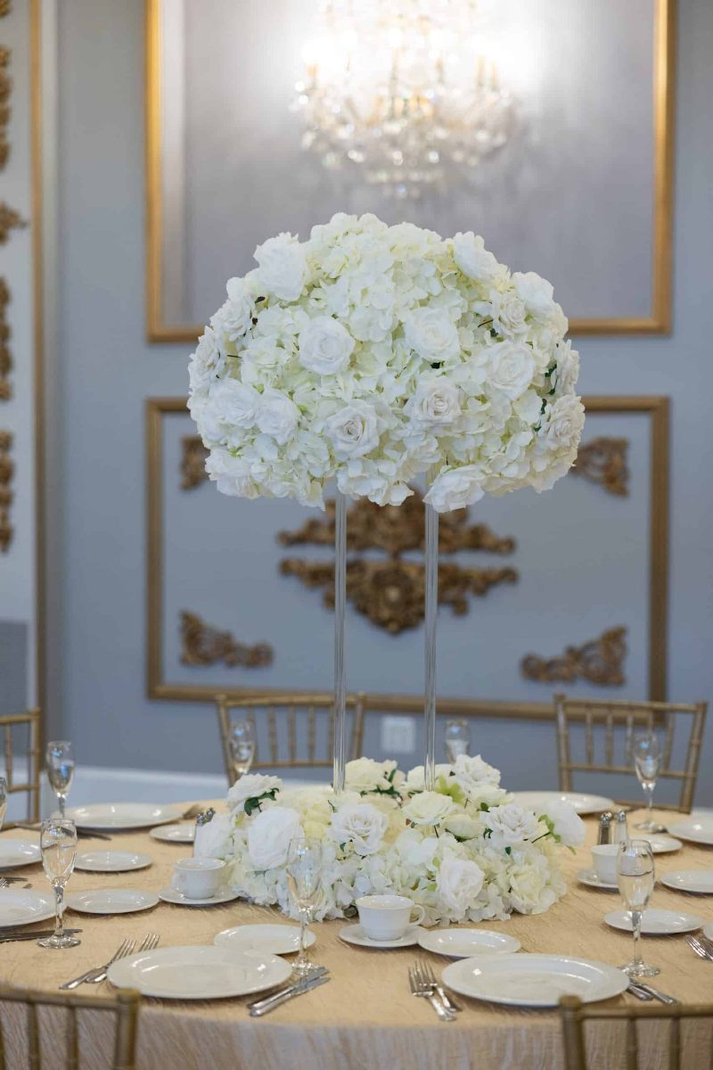 White Hydrangea and Rose on Clear Harlow Stand with Wreath