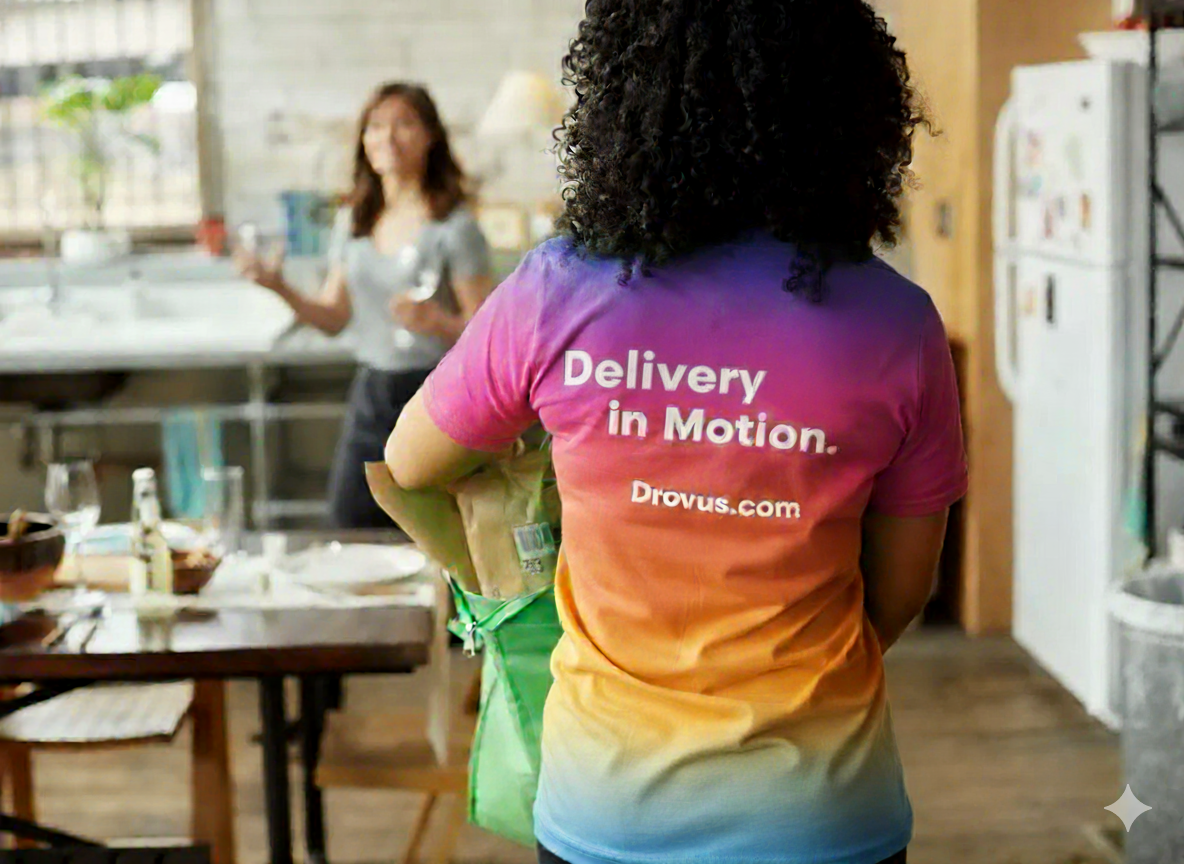 Drovas delivery driver in colorful uniform