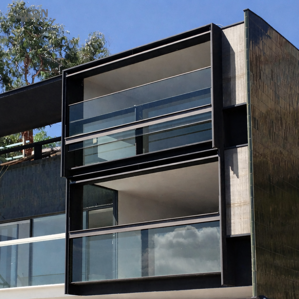 Electric awning window in open position