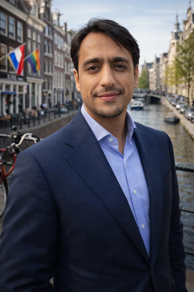 אביעד צמח מתווך נדל״ן באמסטרדם הולנד עומד ליד תעלה באזור מגורים בעיר