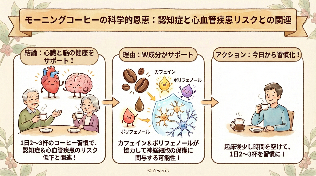 モーニングコーヒーの科学的恩恵:認知症と心血管疾患リスクとの関連