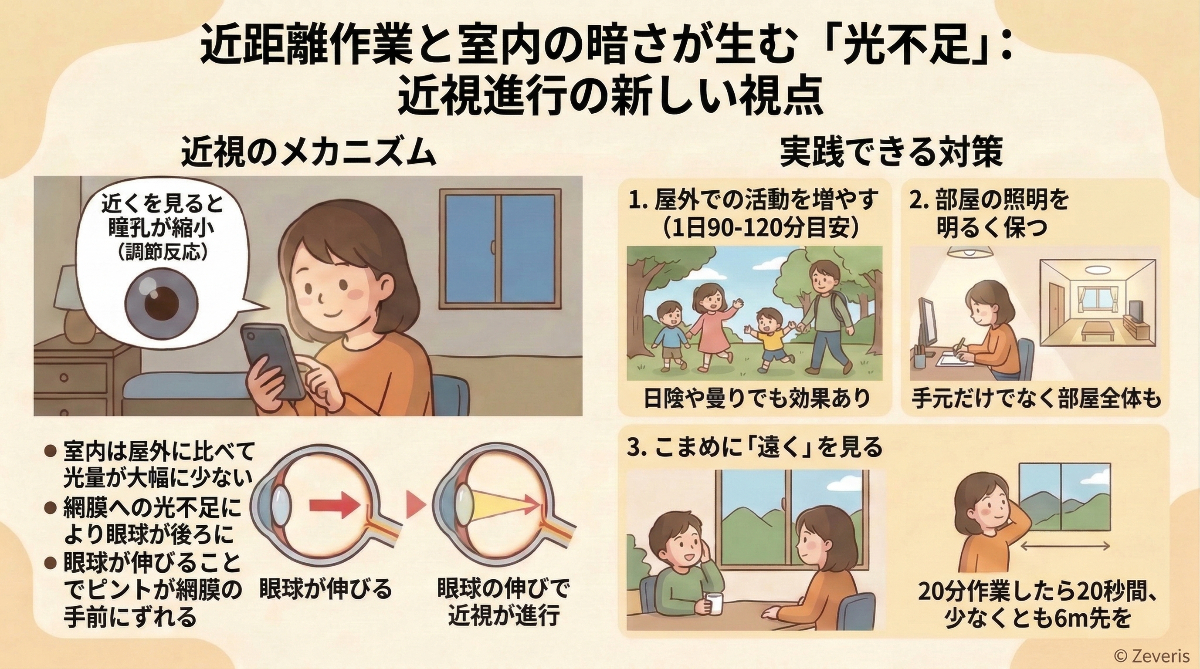 近距離作業と室内の暗さが生む光不足