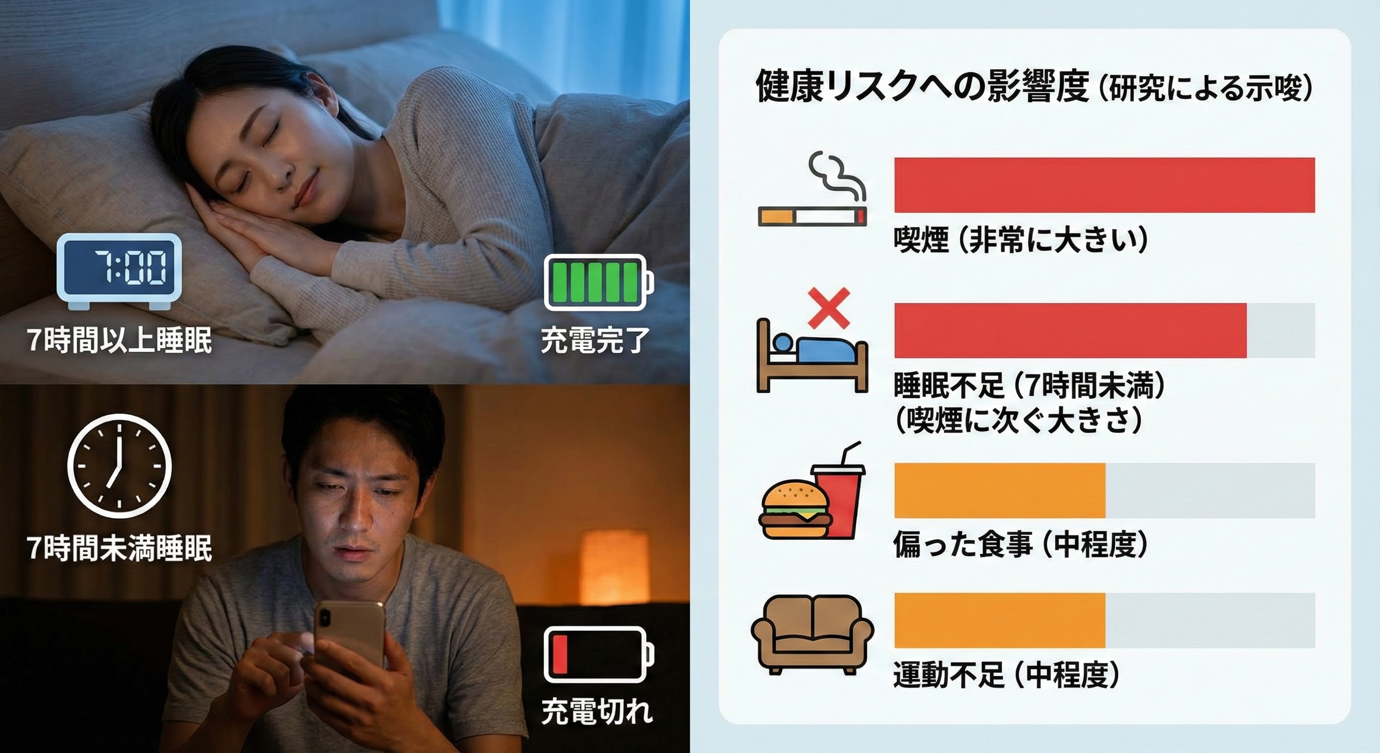 😴【海外研究】「睡眠不足」は運動不足や孤独より重大?最新データが示す7時間睡眠と寿命の関連性
