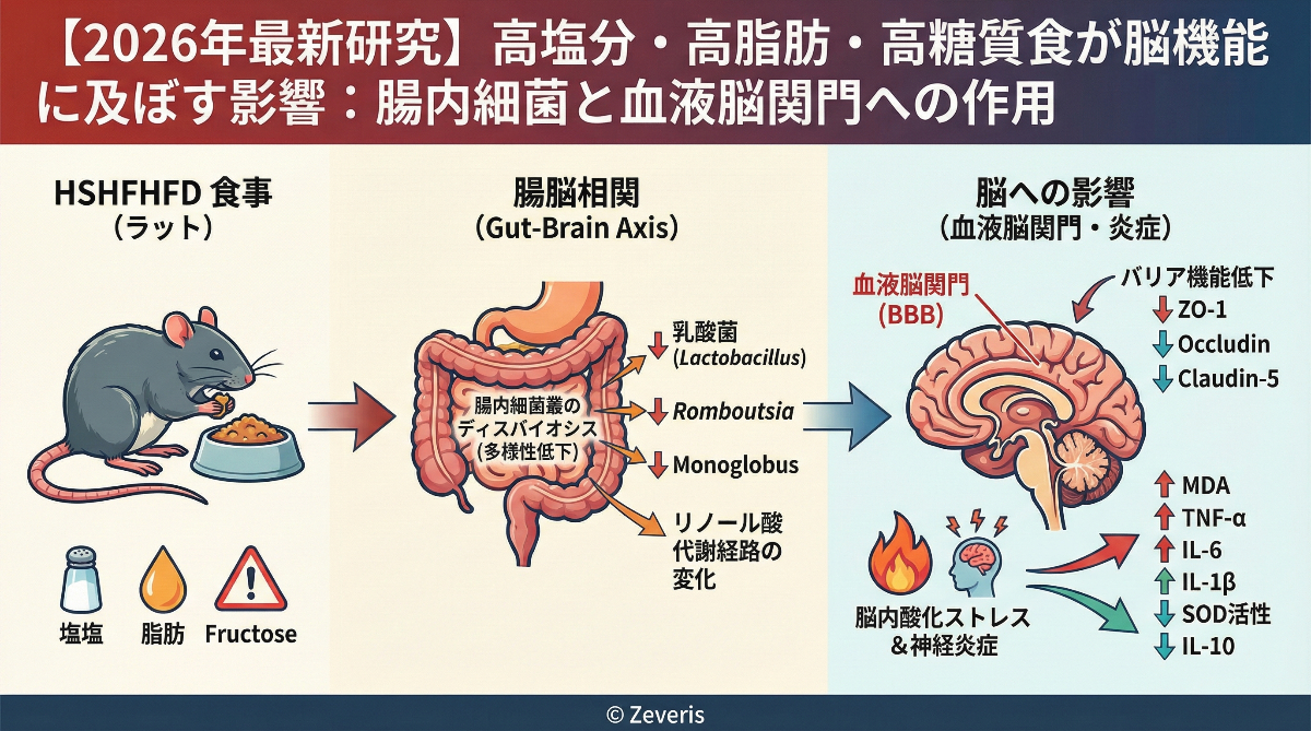 【最新研究】高塩分・高脂肪・高糖質食が脳機能に及ぼす影響:腸内細菌と血液脳関門への作用