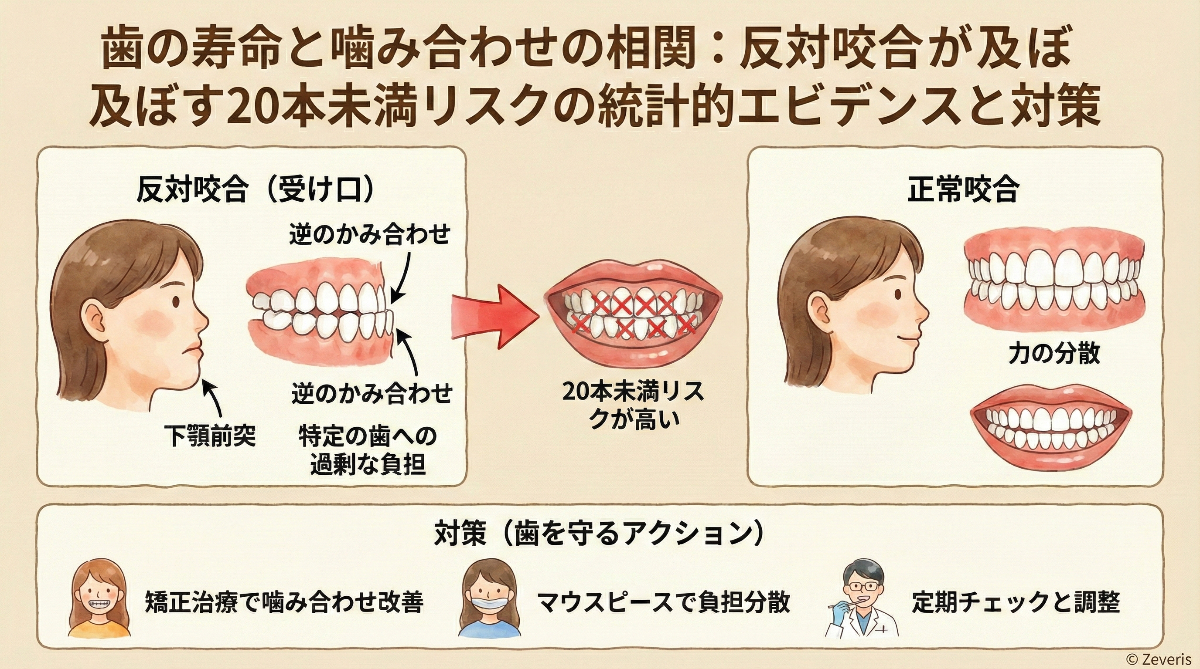 歯の寿命と噛み合わせの相関:反対咬合が及ぼす20本未満リスクの統計的エビデンスと対策