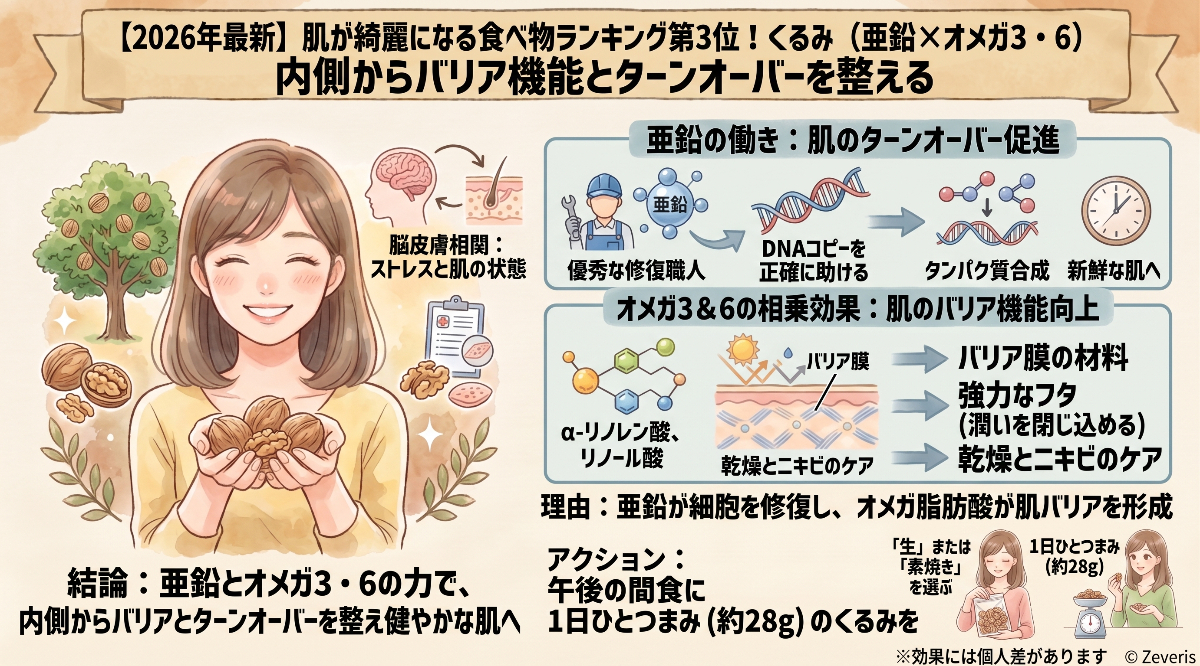 【2026年最新】肌が綺麗になる食べ物ランキング第3位!くるみ(亜鉛×オメガ3・6)|内側からバリア機能とターンオーバーを整える