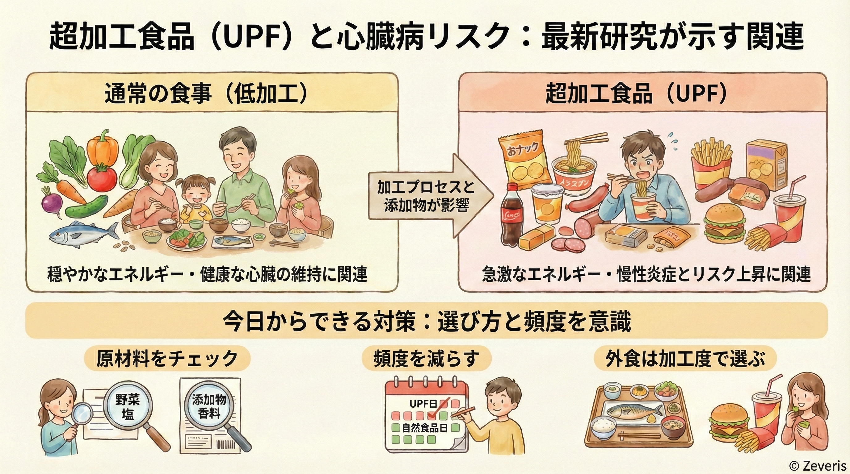 超加工食品と心臓病リスクの関連を示す図解