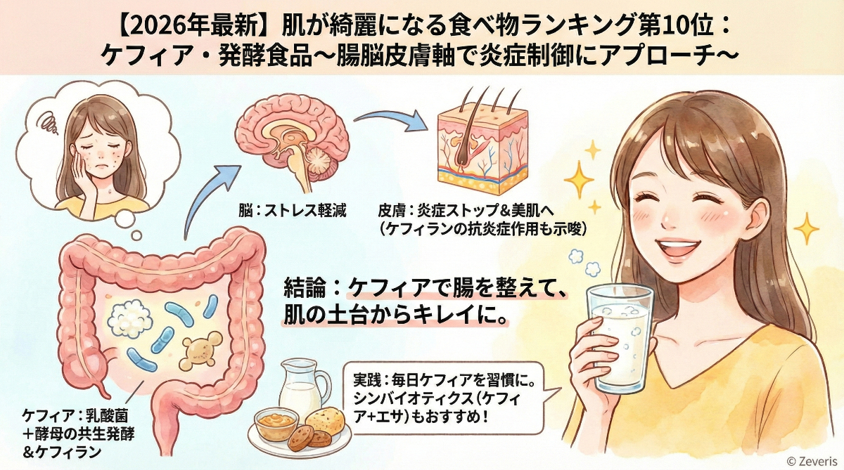 【2026年最新】肌が綺麗になる食べ物ランキング第10位:ケフィア・発酵食品~腸脳皮膚軸で炎症制御にアプローチ~