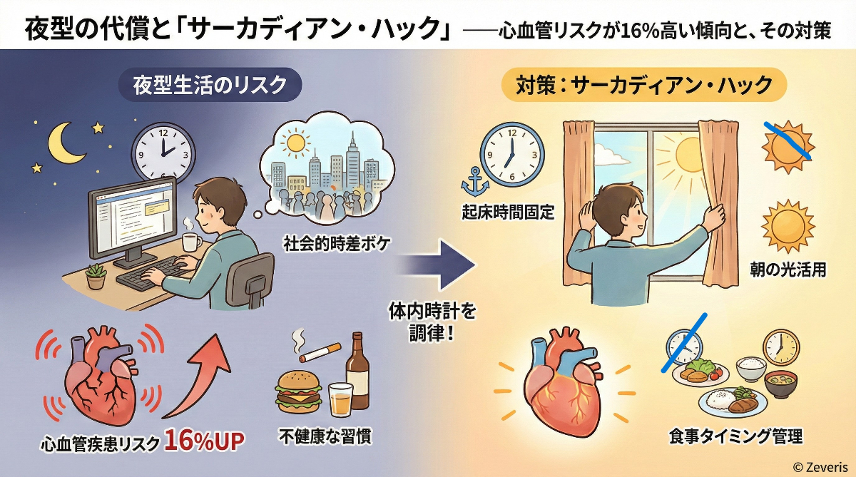 夜型の代償と「サーカディアン・ハック」――心血管リスクが16%高い傾向と、その対策