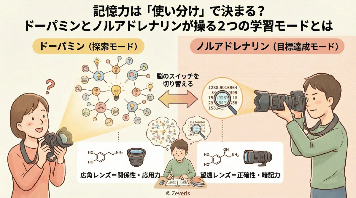 【最新脳科学】記憶力は「使い分け」で決まる?ドーパミンとノルアドレナリンが操る2つの学習モードとは