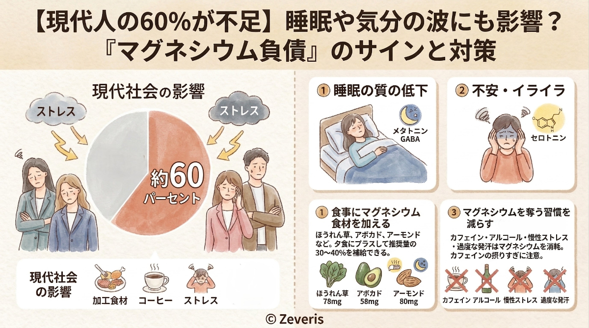 【現代人の60%が不足】睡眠や気分の波にも影響?『マグネシウム負債』のサインと対策