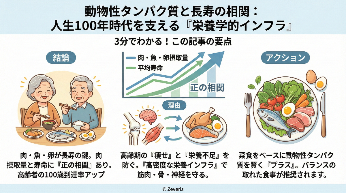 動物性タンパク質と長寿の相関:人生100年時代を支える「栄養学的インフラ」