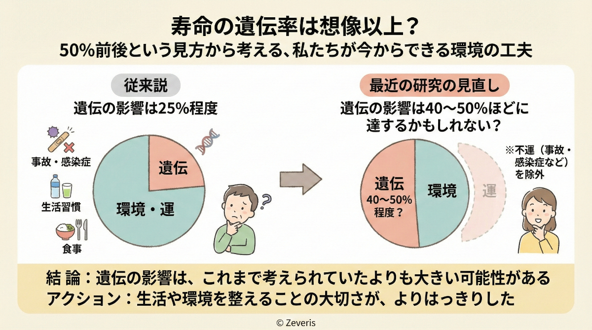 寿命の遺伝率は想像以上?50%前後という見方から考える、私たちが今からできる環境の工夫