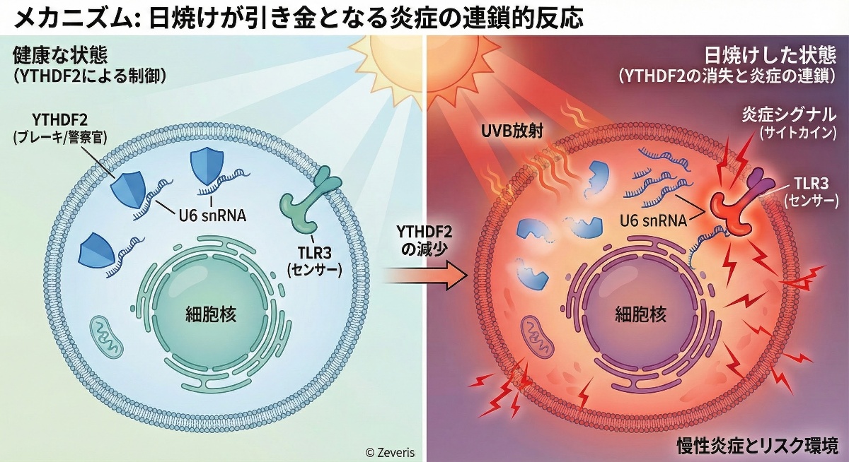【研究解説】日焼けが「トラブルの連鎖」を招くメカニズム:鍵はタンパク質「YTHDF2」の消失にあった
