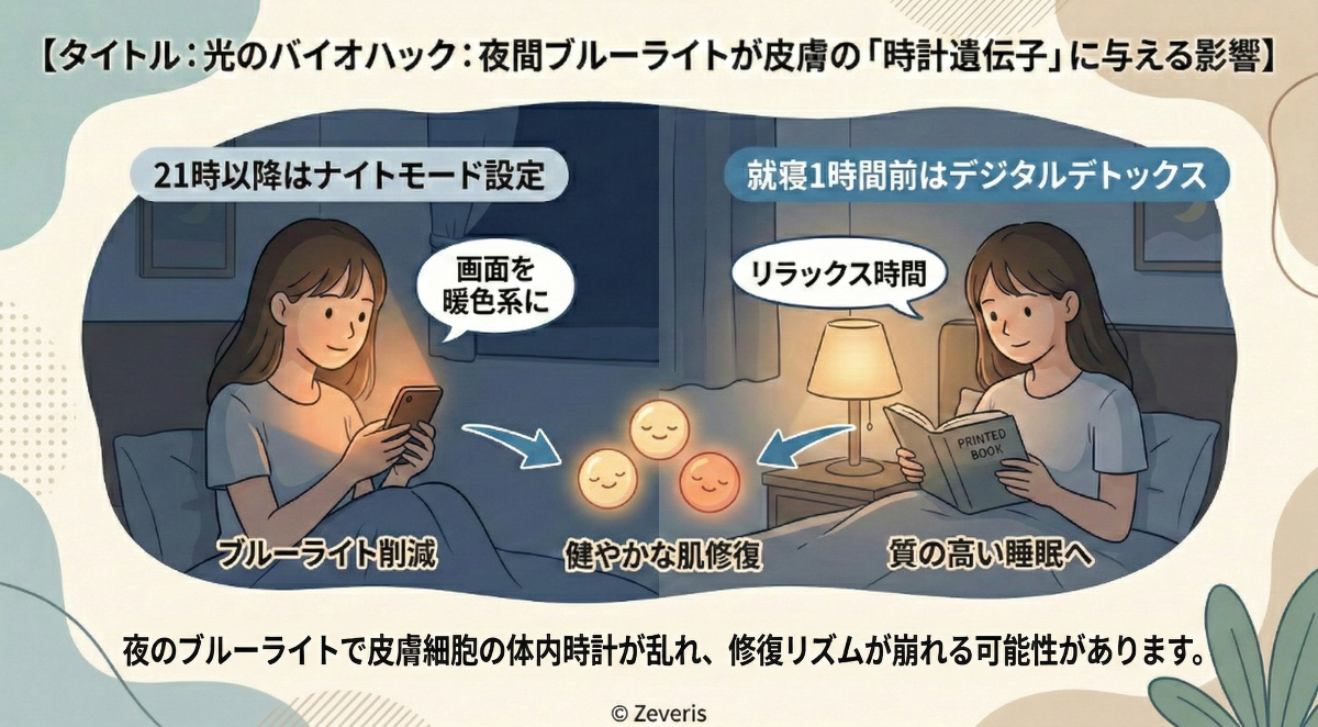 光のバイオハック:夜間ブルーライトが皮膚の「時計遺伝子」に与える影響