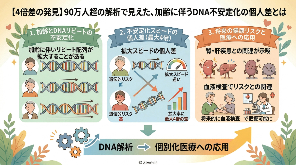 【4倍差の発見】90万人超の解析で見えた、加齢に伴うDNA不安定化の個人差とは