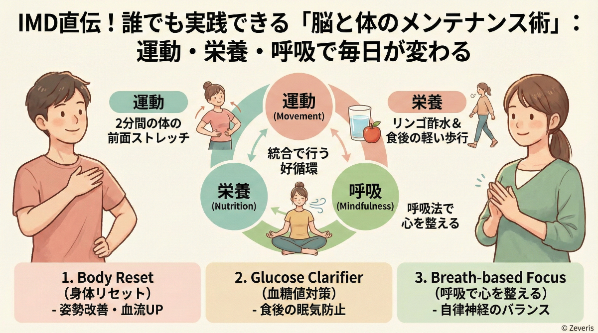 IMDの知見に学ぶ、誰でも実践できる「脳と体のメンテナンス術」:運動・栄養・呼吸で毎日が変わる