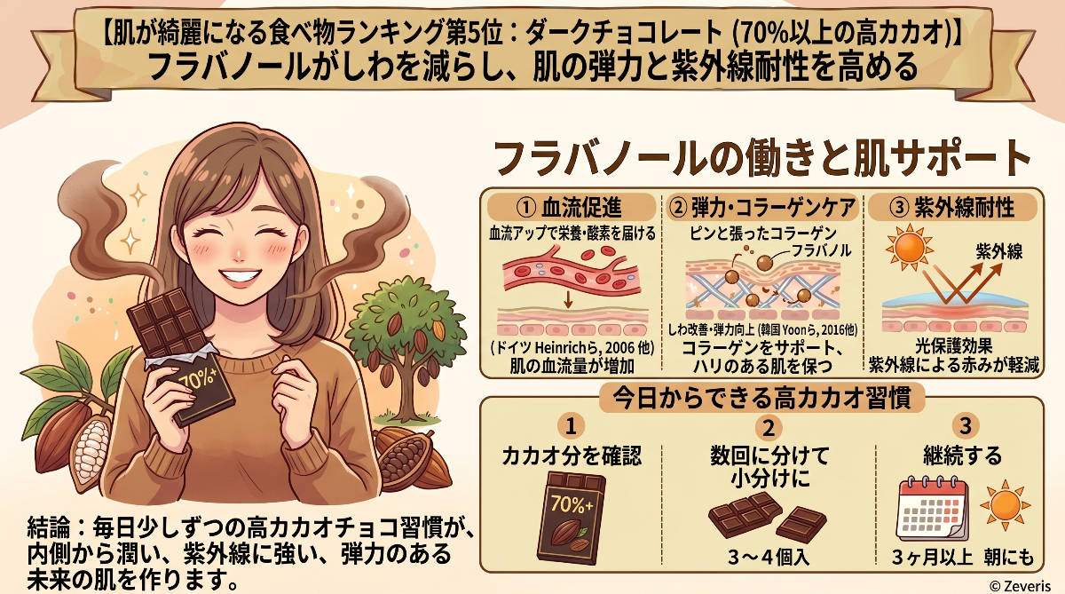 肌が綺麗になる食べ物ランキング第5位:ダークチョコレート(70%以上の高カカオ)|フラバノールがしわを減らし、肌の弾力と紫外線耐性を高める