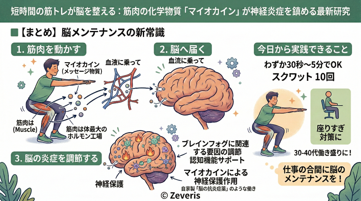 短時間の筋トレが脳を整える:筋肉の化学物質「マイオカイン」が神経炎症を鎮める最新研究
