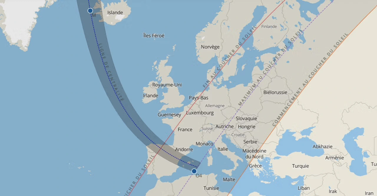 Carte de la bande de totalité en Europe