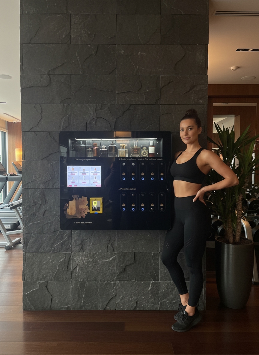 luxury perfume vending machine touchscreen interface showing fragrance selection