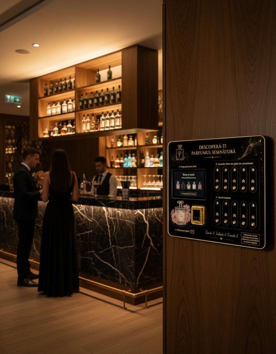 Aparat ScentnGoo montat pe perete într-un bar premium