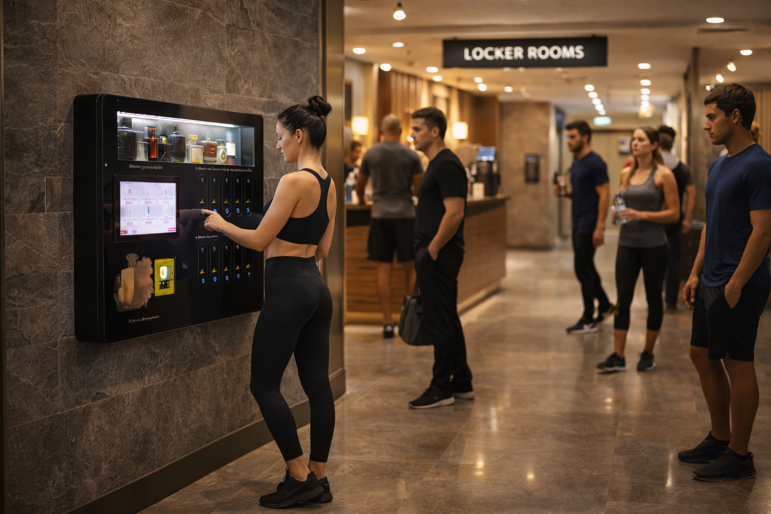 perfume vending machine in premium gym locker room