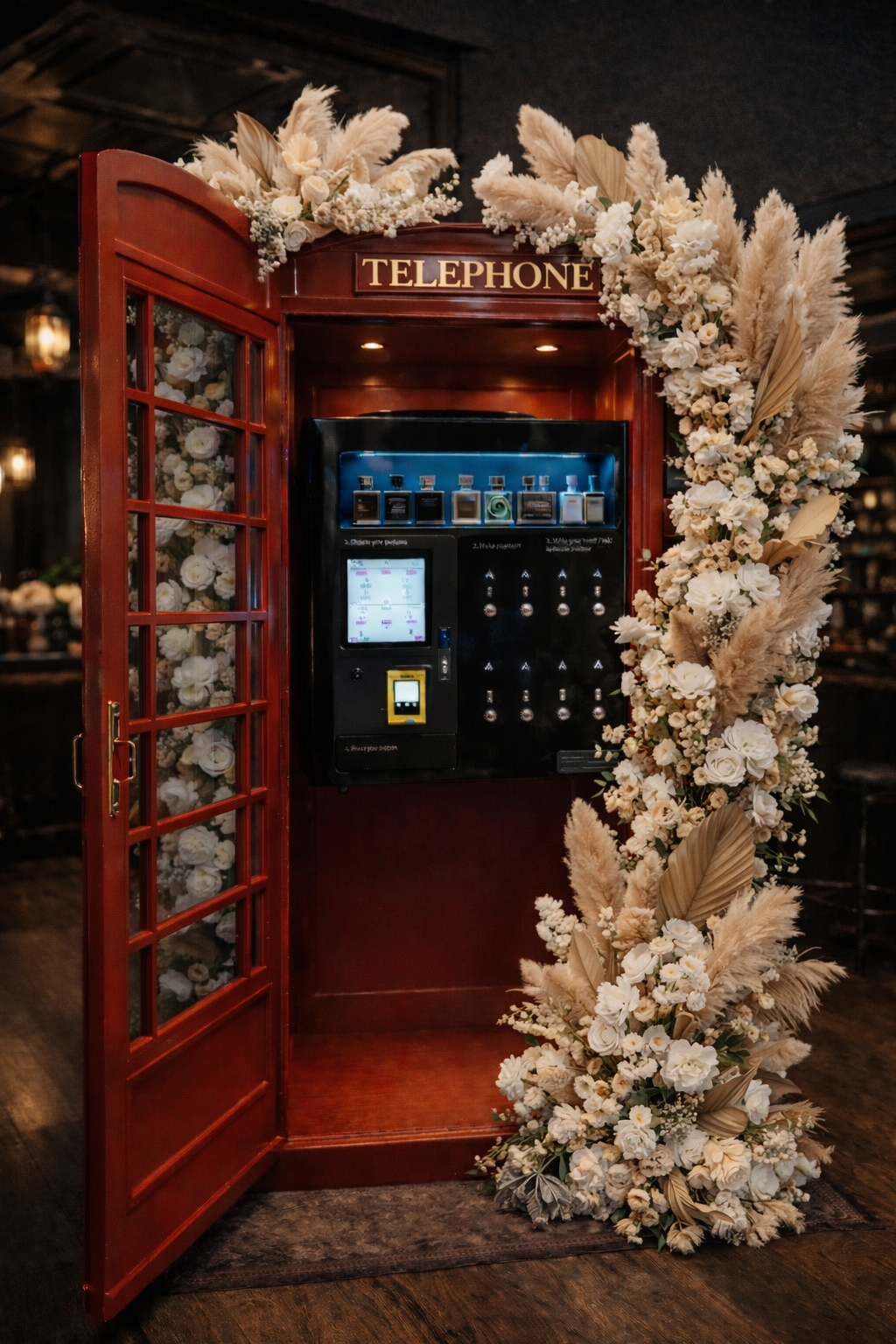 Aparat ScentnGoo integrat într-o cabină telefonică decorativă premium cu flori