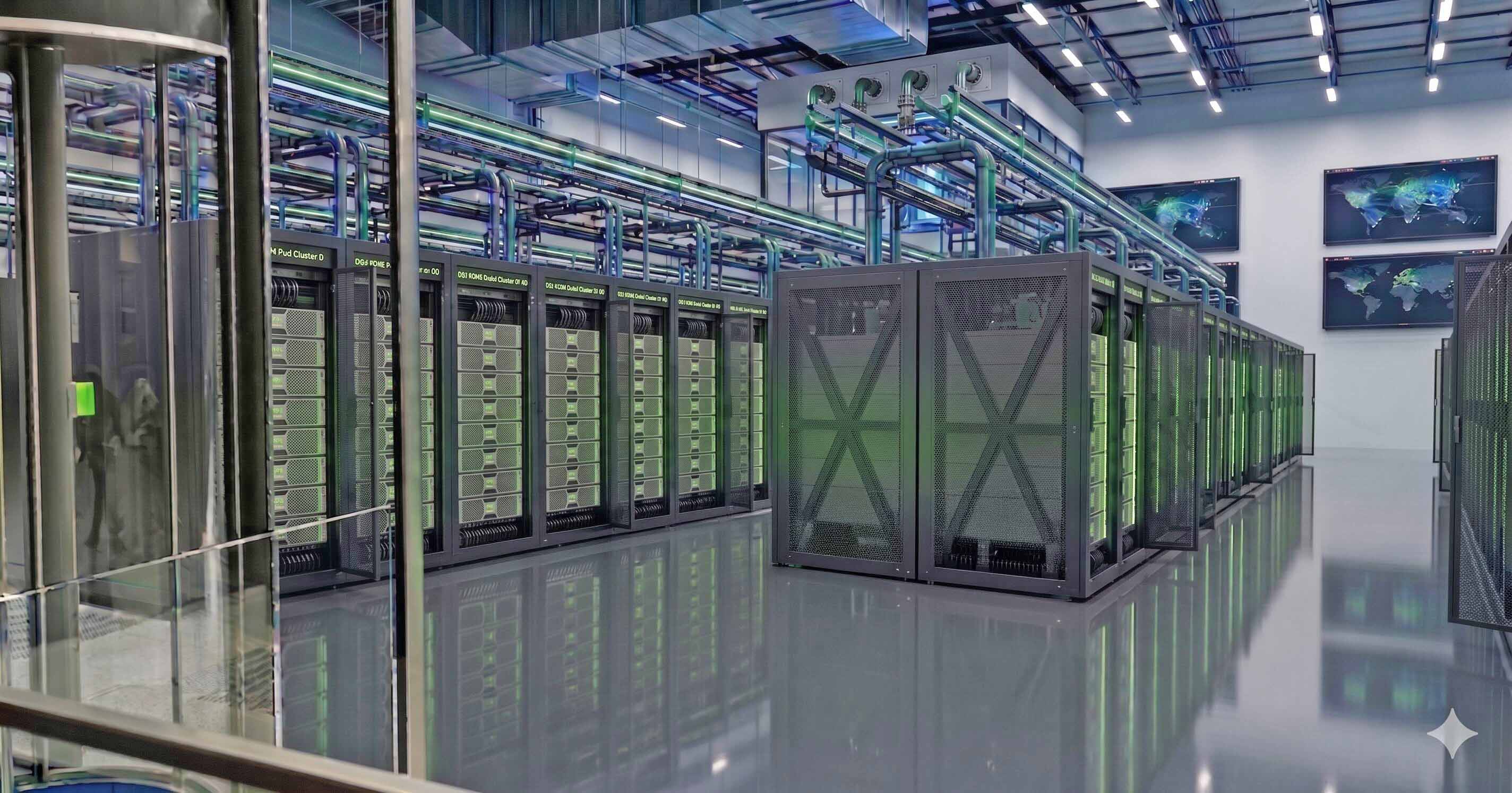 企業のサーバー室にサーバーラックが並んでいる