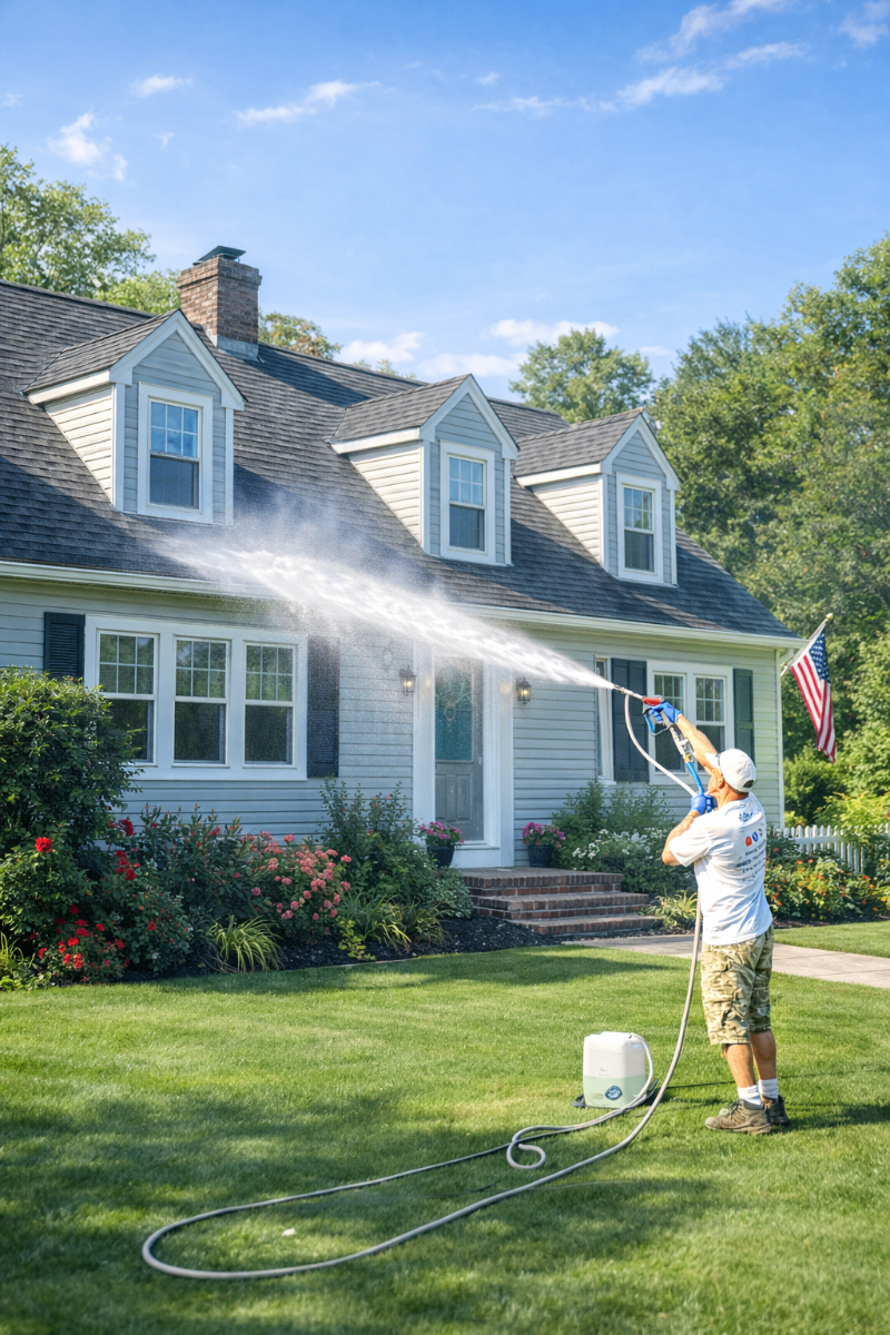 Professional power washing a Connecticut home