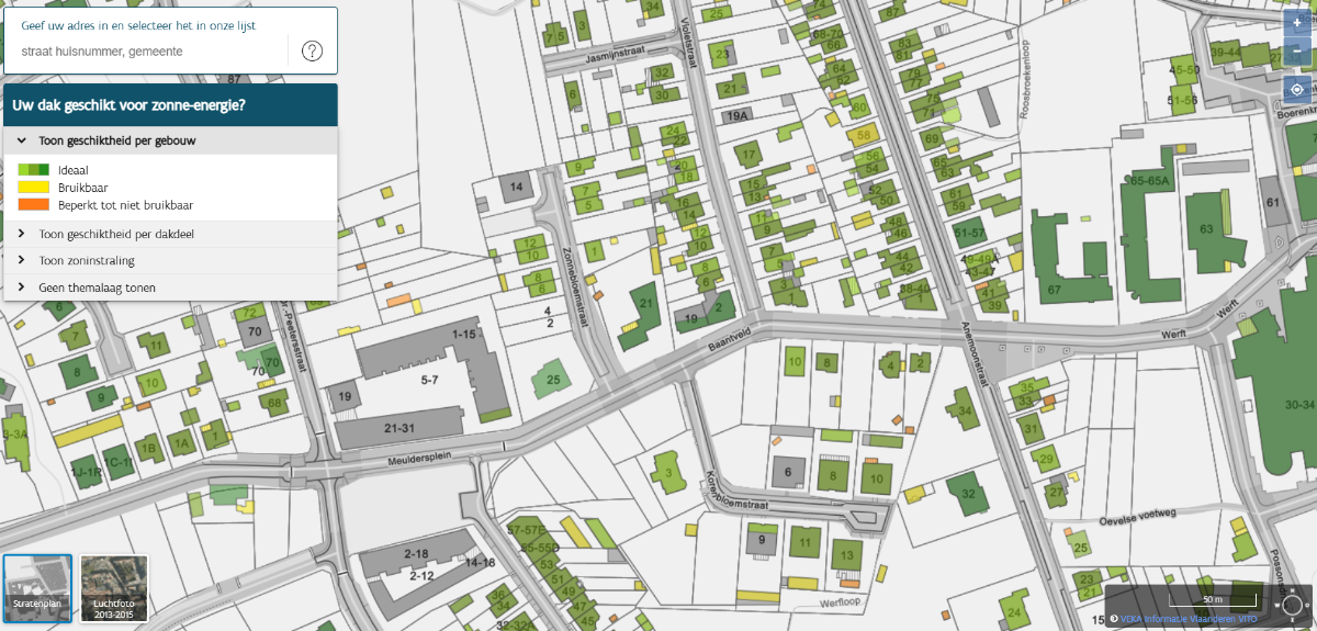 Voorbeeld van de VEKA zonnekaart met dakpotentieel per kleurcode