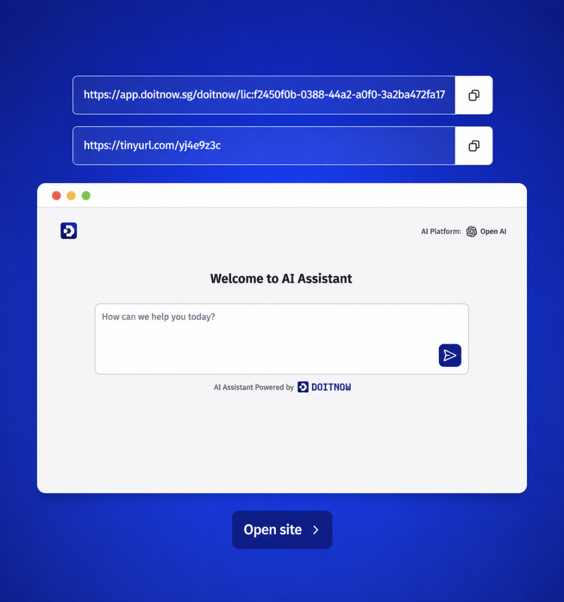 DOITNOW AI Search Form showing a standalone search interface with shareable URLs and Open Site button