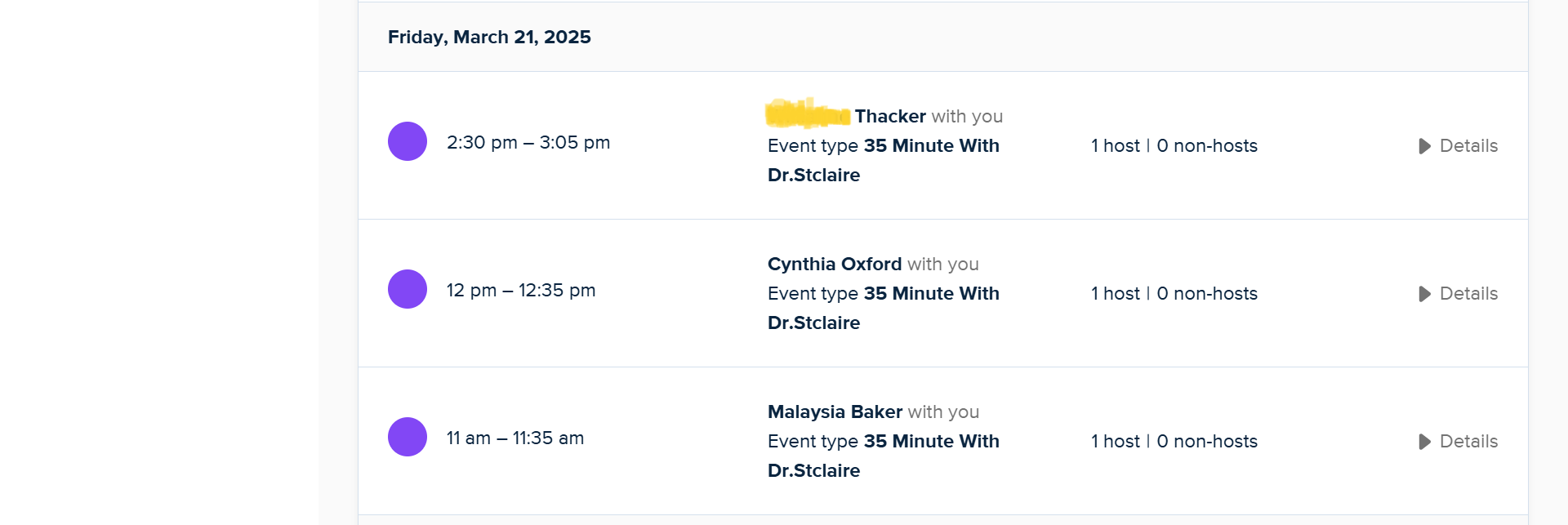 Consecutive coaching appointments showing high demand for Dr. St. Claire's services