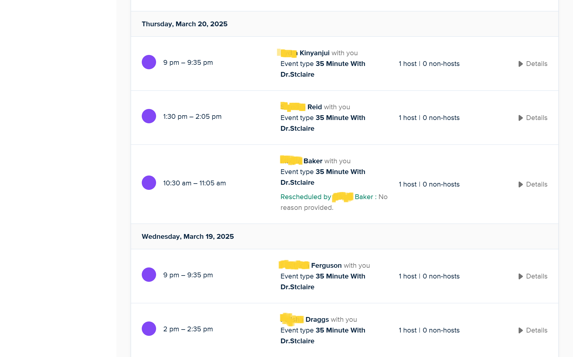 Dr. St. Claire's fully booked calendar showing multiple patient appointments