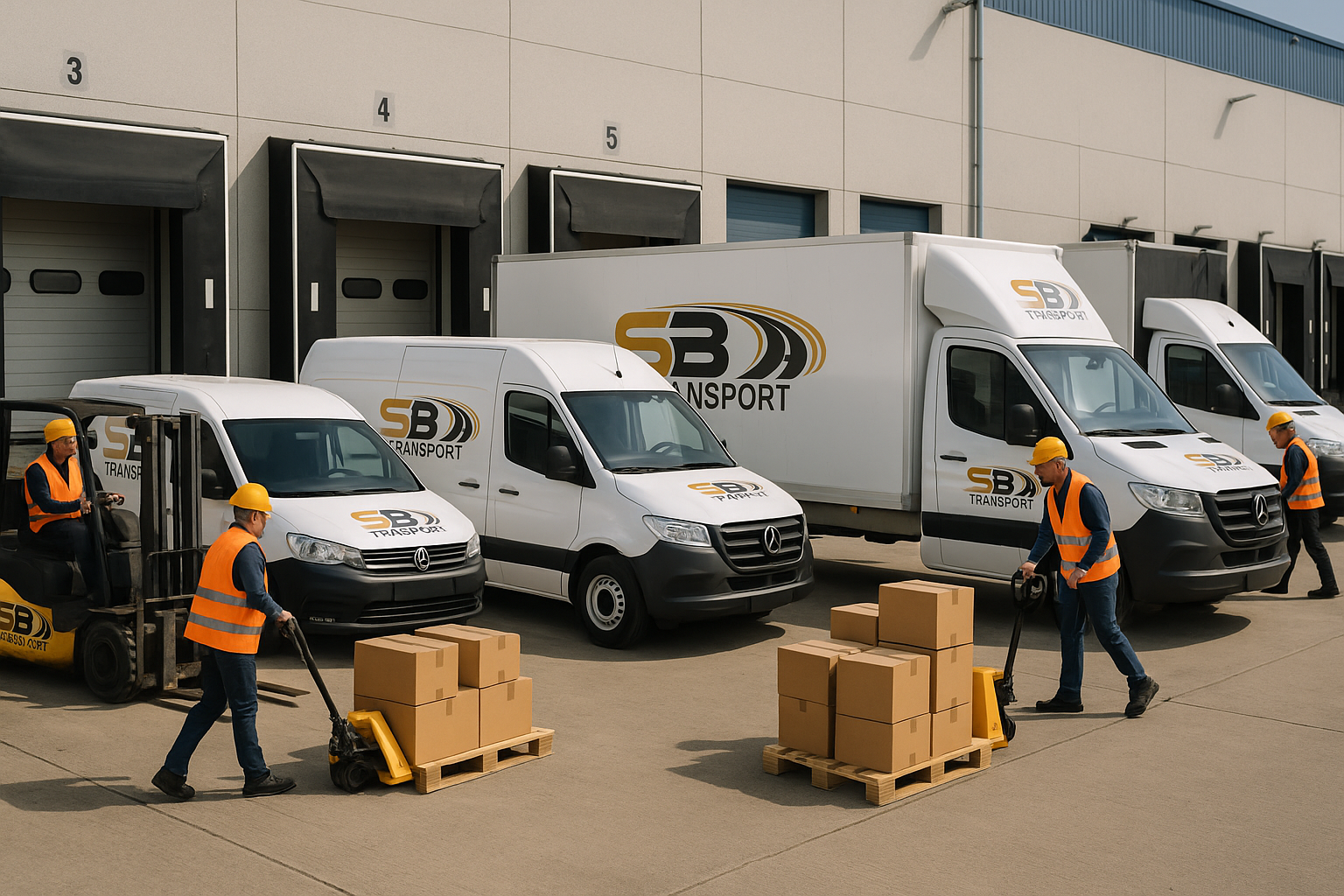 Entrepôt logistique SB TRANSPORT avec camions fret et système gestion chaîne approvisionnement, optimisation logistique Lyon entreprise