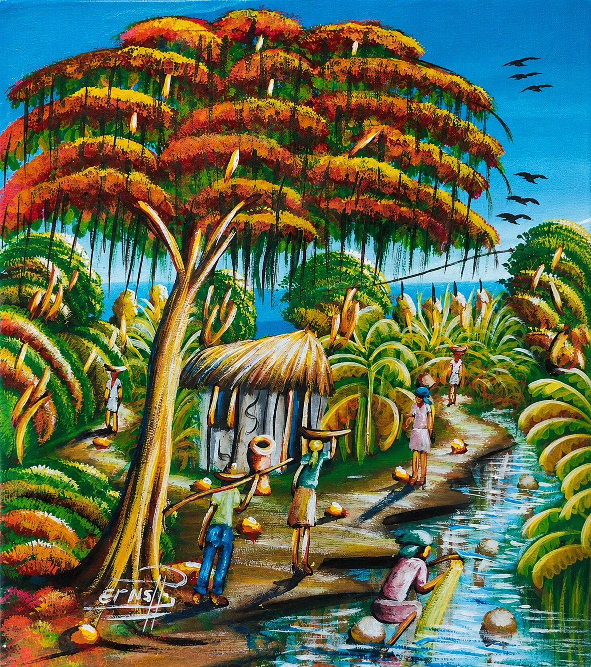 Haitian village sunset painting - tropical landscape artwork with vibrant colors